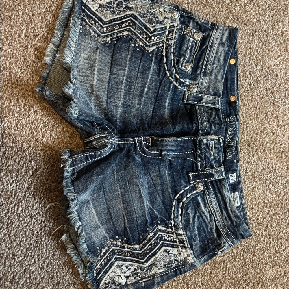Miss Me Distressed Blue Jean Shorts with Embellishments